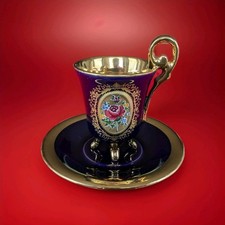 Alte Kobalt Sammeltasse Gedeck Mokka Mocca Gold Barock Blumen Blau Füßen Rose