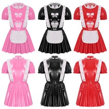 Herren Uniform PU-Leder Dienstmädchen Kostüm Clubwear Kleid Rüschen Schürze