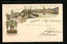 Lithographie Duisburg, Kriegerdenkmal, Burgplatz mit Merkator-Denkmal, Hafenpar 