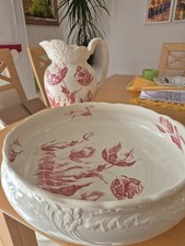 antike Waschschüssel mit Krug, Waschtischgarnitur mit Blumendekor, groß