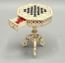 Miniatur Antik Puppenhaus Bibliothek Schach Spieltisch Handgeschnitzt Filigran