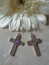 1 Anhänger antik silber "Kreuz" Strass-Stein lila Modeschmuck Basteln