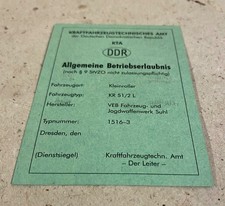 Alt Registierschein " Simson " Schwalbe  / Betriebserlaubnis