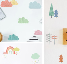Pastell farbige Aufkleber Set DIY Wandtattoo Regenbogen Wolken Wald Sticker Deko