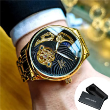 Gold Skeleton Herrenuhr, Automatik uhr,Mondphase,Luxus Edelstahlband Armbanduhr