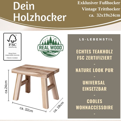 Vintage holz fußhocker natur - vintage,