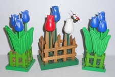 3 St. HOLZ TULPEN BEETE mit Zaun und je 3 Tulpen, unbenutzt, GUT! Aus Sammlung