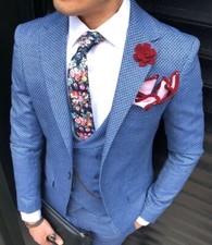 DESIGNER BUSINESS BLAU WEIß KARIERT HERRENANZUG SAKKO HOSE WESTE SLIM FIT 46