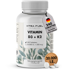 Vitamin D3 + K2 - 240 Tabletten 20.000 I.E. + 200mcg - 100% rein & hochdosiert