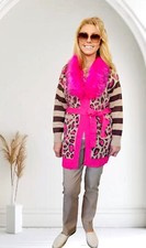 Strickjacke Strickmantel weich langarm Kunstfellkragen Gürtel Pink/dunkles Beige