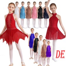 DE Mädchen Ballettkleid Neckholder Tanzkleid Gymnastik Trikot Mesh Rock Kleid