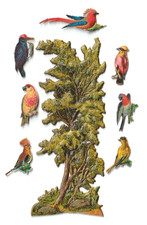 Große Oblaten Scrap die cut Glanzbilder  Baum Wald Vögel Ast geprägte Pappe 14cm