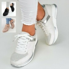 Damen Schuhe Sneaker Weiß Rose Schwarz Glitzer Sport Freizeitschuhe Keilabsatz