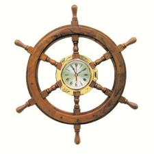 Bullaugenuhr im Steuerrad Ø: 60 cm, Uhr-Ø: 18 cm Holz/Messing Quartzuhrwerk