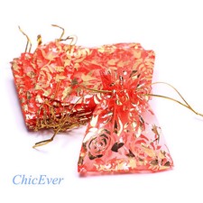 Schmuckbeutel, 9cmx7cm bis 23cmx17cm, Organzabeutel, Säckchen, gold/rot, Rosen