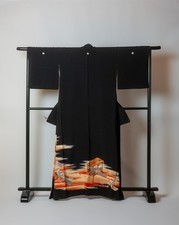 Vintage japanischer Kurotomesode Kimono Seide schwarz Edo Landschaft Frauen...