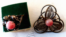 835er Silber Schmuck Ring + Brosche ? 3,5cm Durchmesser Rhodonit Perle 8 mm Top