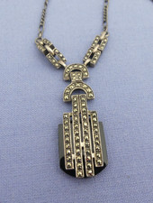 Collier - Kette - schwarzer Onyx mit Markasiten - 925er Silber - ca. 44 cm