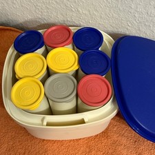 Tupperware Joghurt C37 Sieb-Servierer Blau Weiß + 9 Joghurtbecher mit Deckel