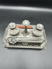 Schreibtischgarnitur  Kerzenhalter  Tintenzeug um 1880 Zinn versilbert