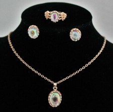 Schmuckset Damen Kette, Ohrringe, Ring Regenbogen-Stein Rose-Gold 3tlg. NEU
