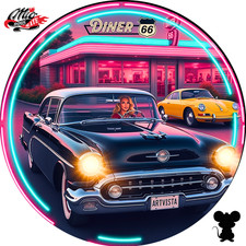 Blechschild Rund (478) 💕 Route 66 💕 Vintage 💕 American Diner Night Lights 