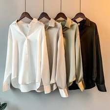Neue Damen Bluse Revers Hals Hemden Büro Langarm Urlaub Solid Satin Seide Tops