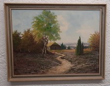 Ölgemälde klein  " Heidelandschaft mit Weg " Antik Natur Heide Landschaft