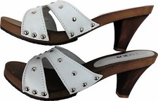 Elegante Schweden HOLZ CLOGS - Gr.36 (37) Weiss Echt LEDER  (20.5.1535)