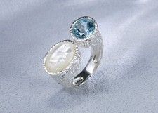 N09 extravaganter Ring mit Perlmutt und Topas Sterling Silber 925 verstellbar