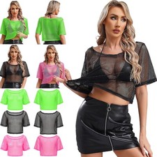DE Damen Netzoberteil Partytop Neonfarben Netz T-Shirt 80er Jahre Rave Sommertop