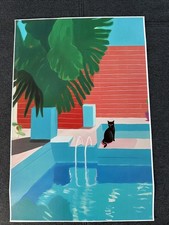 Leinwand Poster Schwarze Katze An Swimmingpool Türkis Sommer Palme 40x60cm