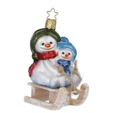 Christbaumschmuck Schneemänner auf Schlitten 10,5cm Glas Figur Mundgeblasen