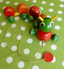 Raupe Nachziehtier Tier zum Hinterherziehen Holz 70er orange grün Retro Vintage