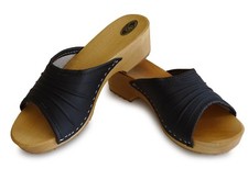 Damen Holz Clogs Leder Sandalen Pantoletten Holzschuhe schwarz
