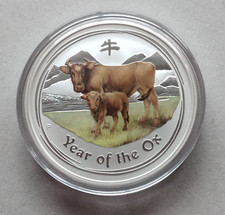 Australien  8 Dollars 2009 ° Lunar II. farbig " Ochse " ° 5 oz. 999/1000 Silber