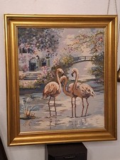 Handgesticktes Großes Gobelin Wand Bild Groß ca.73x63 in Holz Rahmen  