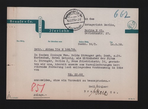 Iserlohn brief 1938 brause - brief,