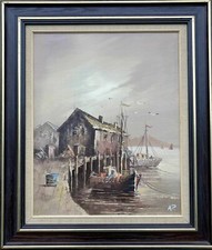 Ölbild Maritim Fischerboote im Hafen A.P. Monogramm mit Bilderrahmen