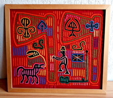 Kuna Mola Indigene Volkskunst Stoffbild Panama 70er Jahre Gerahmt 46x39,5 cm