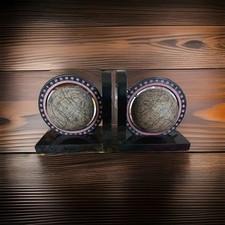 2 Buchstützen aus Holz, alte Weltkarte, Buchstütze Globus, Holz