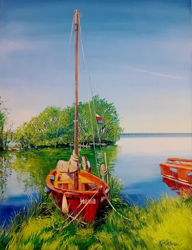 ölgemälde boote see - boote, am
