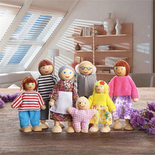 Holz Puppen 7 Personens Familie Puppenfamilie Biegepuppen Puppenhaus Figuren Set