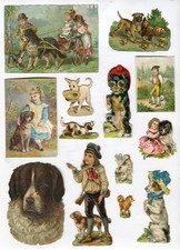 Glanzbild Oblaten scraps 10 + 3 Hunde Kinder Konvolut  3 - 12 cm