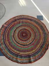 Woll Teppich Gehäkelt ∅ ca.130 Bunt Handarbeit 