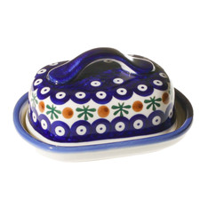 Klassische Bunzlauer Butterdose für 125g Butter Kobalt Blau und Rot