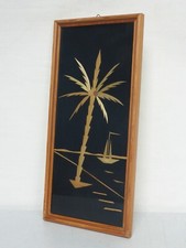 altes Strohbild DDR Palme Schiff Boot alter Bilderrahmen ca. 32,6 x 15,2 x 1,2cm