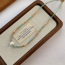 Bunte Beads Halskette  mit echter Barockperle Edelstahl 39,5+5cm