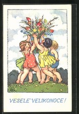 Künstler-AK M. Fischerova-Kvechova MFK: Im Reigen um Blumenstrauß tanzende Kind 