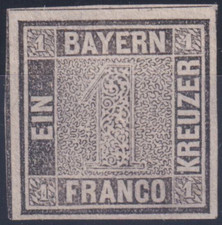 Bayern Schwarzer Einser Mi.Nr 1 Ia, 1 Kr. Pl. 1 Kabinett-Stück ohne Gummi, sign.